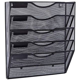 Easepres 5 Pocket Mesh Hanging Wall File Organizer, Wall Mounted Mail Paper Document Folder Holder, Clipboard Storage Organization Magazine Rack With Nametag Label for Office Home School, Black