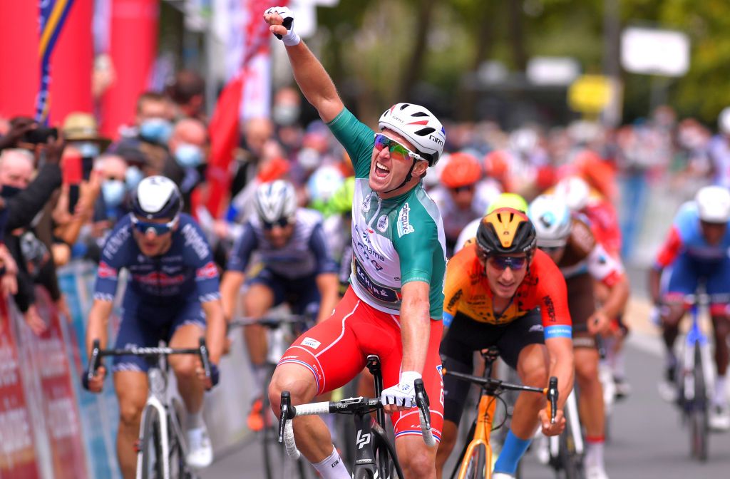 POITIERS FRANCE AUGUST 30 Arrival Arnaud Demare of France and Team Groupama FDJ Green Points Jersey Ivan Garcia Cortina of Spain and Team Bahrain Mclaren Celebration during the 33rd Tour PoitouCharentes en Nouvelle Aquitaine 2020 Stage 4 a 1646km stage from Thenezay to Poitiers TourPoitouChtes on August 30 2020 in Poitiers France Photo by Luc ClaessenGetty Images