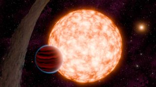 a bright orange yellow star hangs behind a red and black striped planet.