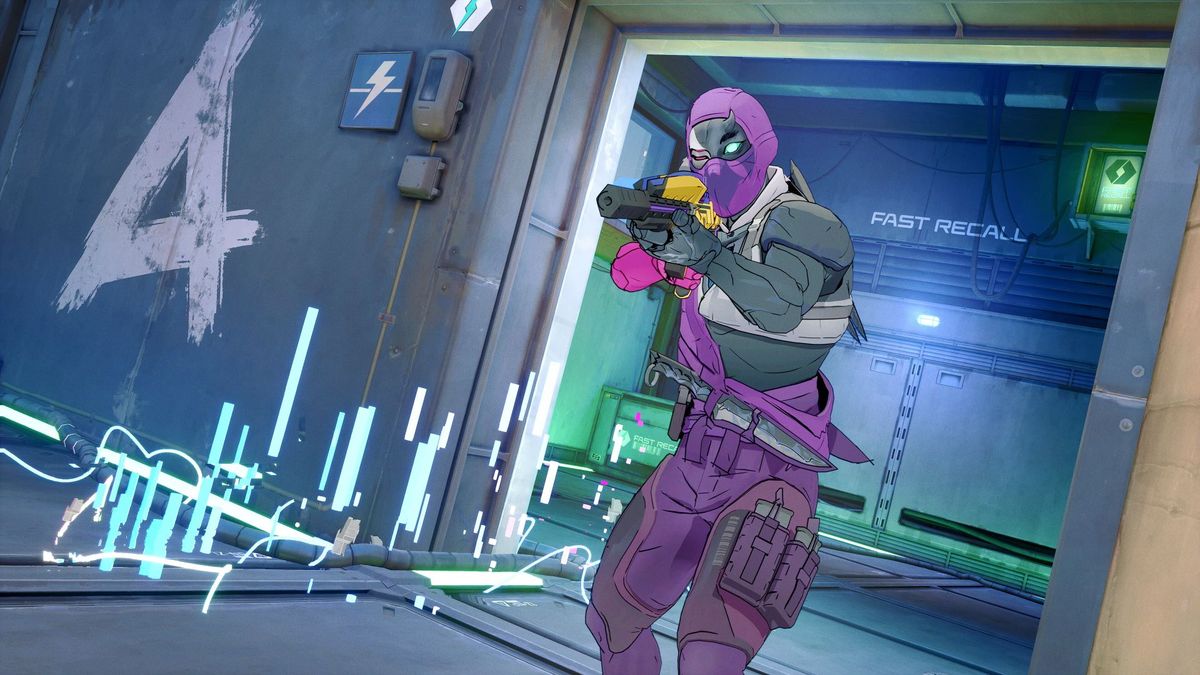 Screenshot from Spectre Divide, showing a character in a purple jumpsuit and full face mask aiming their gun.