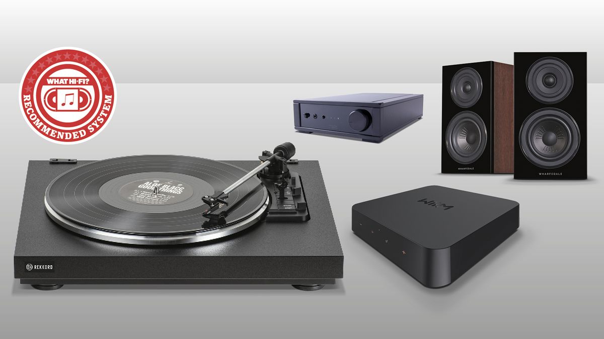 Turntable hi-fi system composite picture on grey background