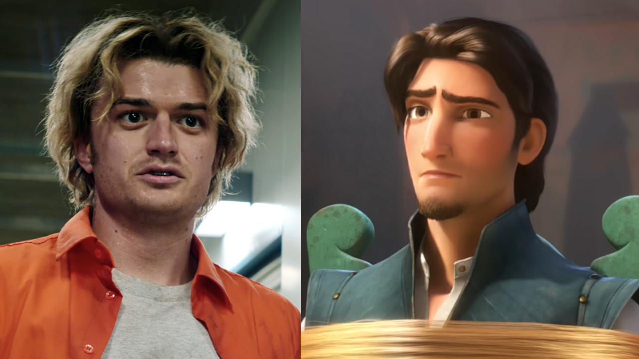 Joe Keery with blonde highlights and wearing an orange shirt in 2026&#039;s Cold Storage, Flynn Rider in Disney&#039;s Tangled.