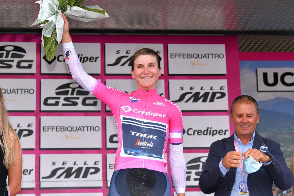 GROSSETO ITALY SEPTEMBER 11 Podium Elisa Longo Borghini of Italy and Team Trek Segafredo Pink Leader Jersey Celebration Flowers during the 31st Giro dItalia Internazionale Femminile 2020 Stage 1 a 168km Team Time Trial from Grosseto to Grosseto TTT GiroRosaIccrea GiroRosa on September 11 2020 in Grosseto Italy Photo by Luc ClaessenGetty Images