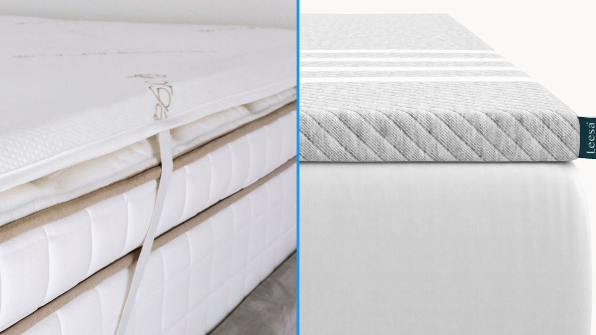 A split screen of Saatva High Density Foam Mattress Topper and the Leesa Mattress Topper