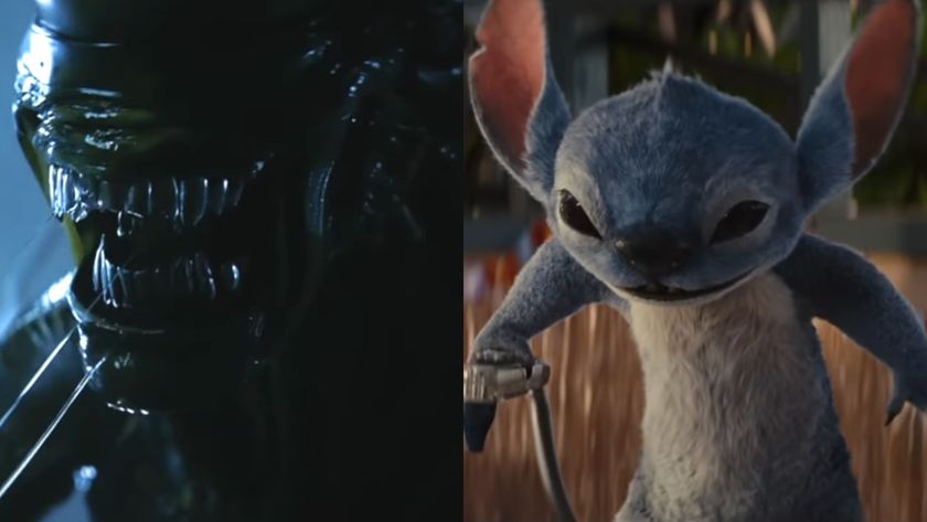 The Xenomorph from Alien: Earth stares ahead with its mouth open, pictured next to Stitch holding a soda gun with a look of mischief in Lilo &amp; Stitch. 