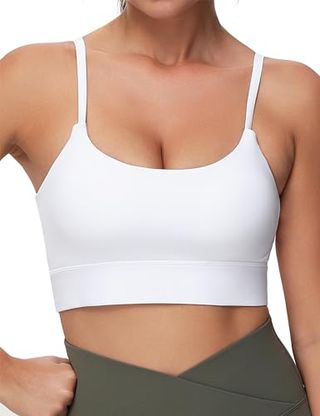 The Gym People Verstellbarer Longline-Sport-BH für Damen, gepolsterter kabelloser Workout-Yoga-Oberteil mit U-Ausschnitt, Weiß