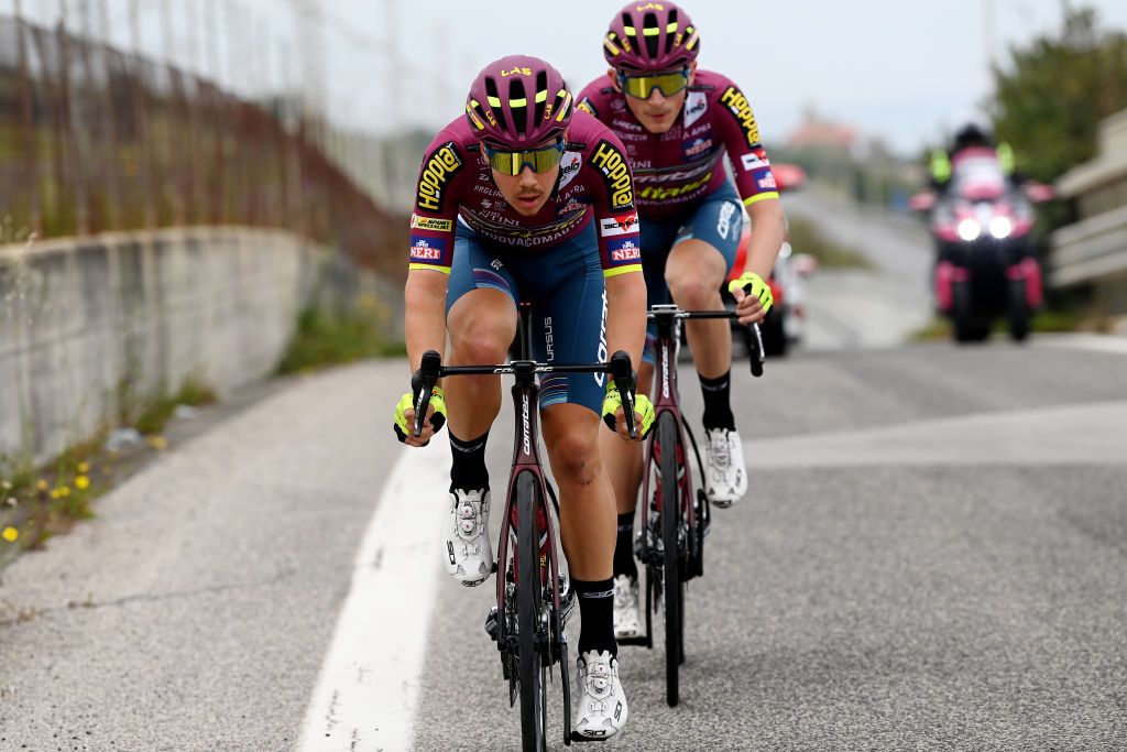 MELFI ITALY MAY 08 LR Alexander Konychev of Italy and Veljko Stojni of Serbia and Team Corratec Selle Italia compete in the breakaway during the 106th Giro dItalia 2023 Stage 3 a 213km stage from Vasto to Melfi 532m UCIWT on May 08 2023 in Melfi Italy Photo by Tim de WaeleGetty Images