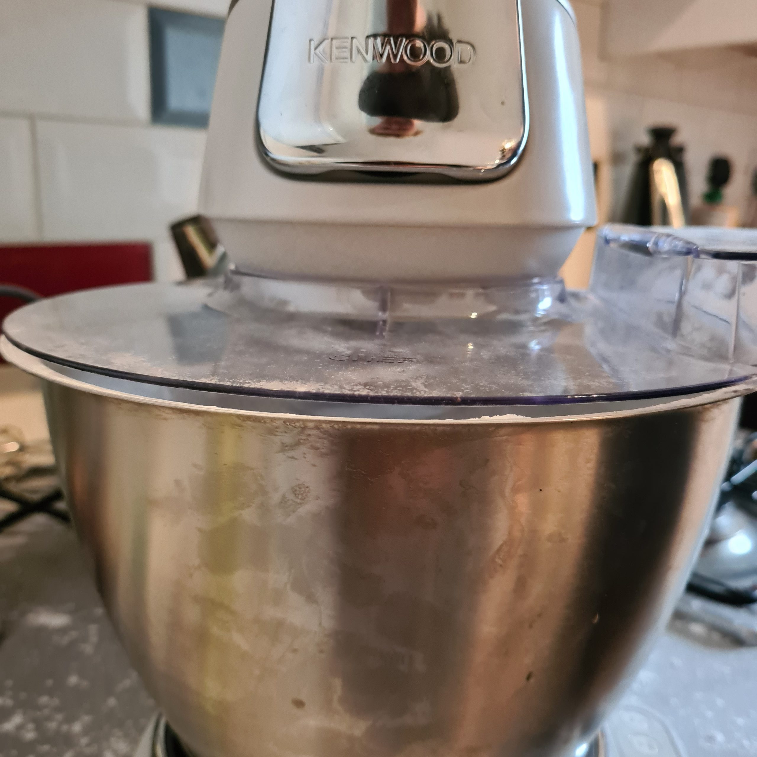 Kenwood Titanium Chef Baker on kitchen counter showing splash lid