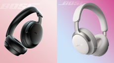 Two pairs of Bose headphones, on pink background – possibly renders of the Bose QuietComfort Ultra