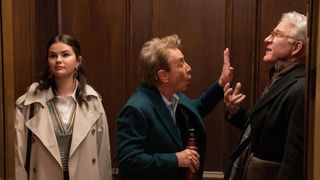 (l to r) Selena Gomez as Mabel, Martin Short as Oliver and Steve Martin as Charles in an elevator in Only Murders in the Building season 3
