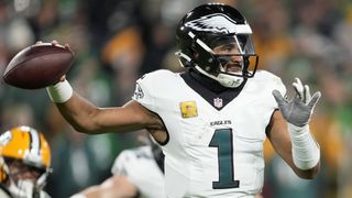Jalen Hurts #1 of the Philadelphia Eagles throws a pass against the Green Bay Packers during the third quarter in the game at Lambeau Field on November 10, 2025 in Green Bay, Wisconsin.
