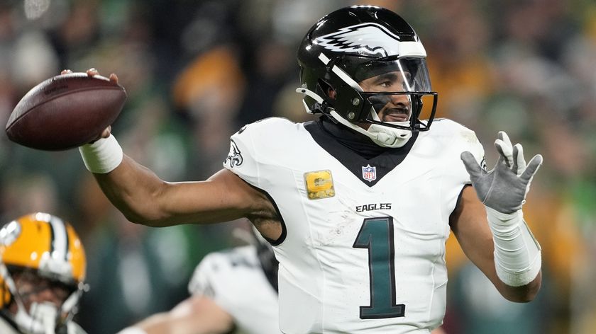 Jalen Hurts #1 of the Philadelphia Eagles throws a pass against the Green Bay Packers during the third quarter in the game at Lambeau Field on November 10, 2025 in Green Bay, Wisconsin. 