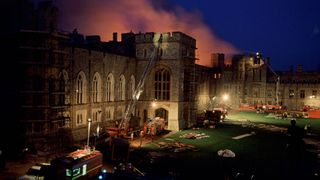 Windor Castle On Fire. Fire Engines Gathered In The Quadrangle