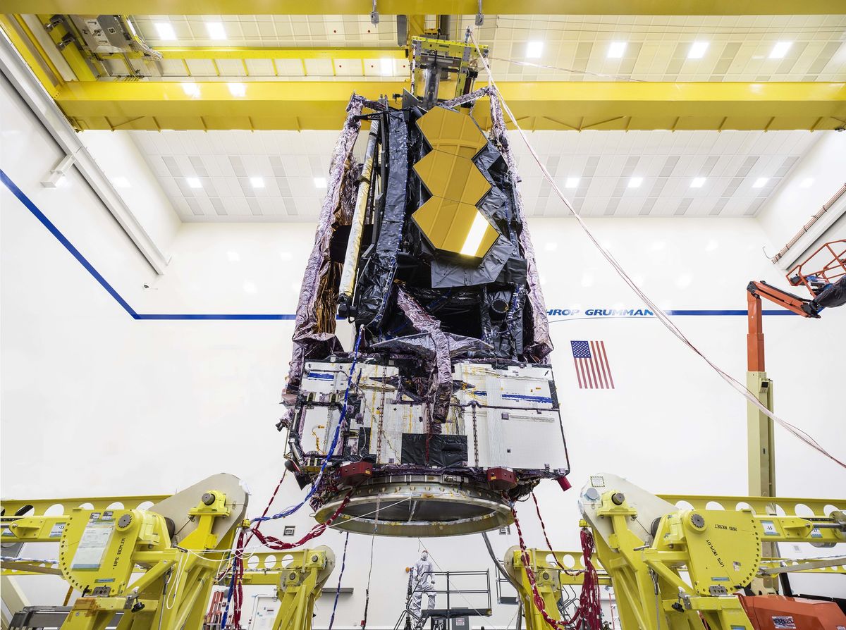 NASA&#039;s James Webb Space Telescope, seen here during testing operations at Northrop Grumman’s Space Park in California, is scheduled to launch in fall 2021.