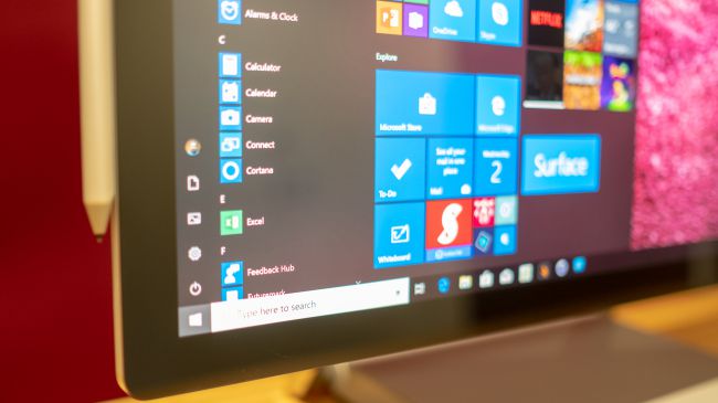 Microsoft Surface Studio 2 close-up of display showing Start menu options