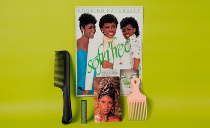 so free magazine and afro comb against lime green background by Nakeya Brown