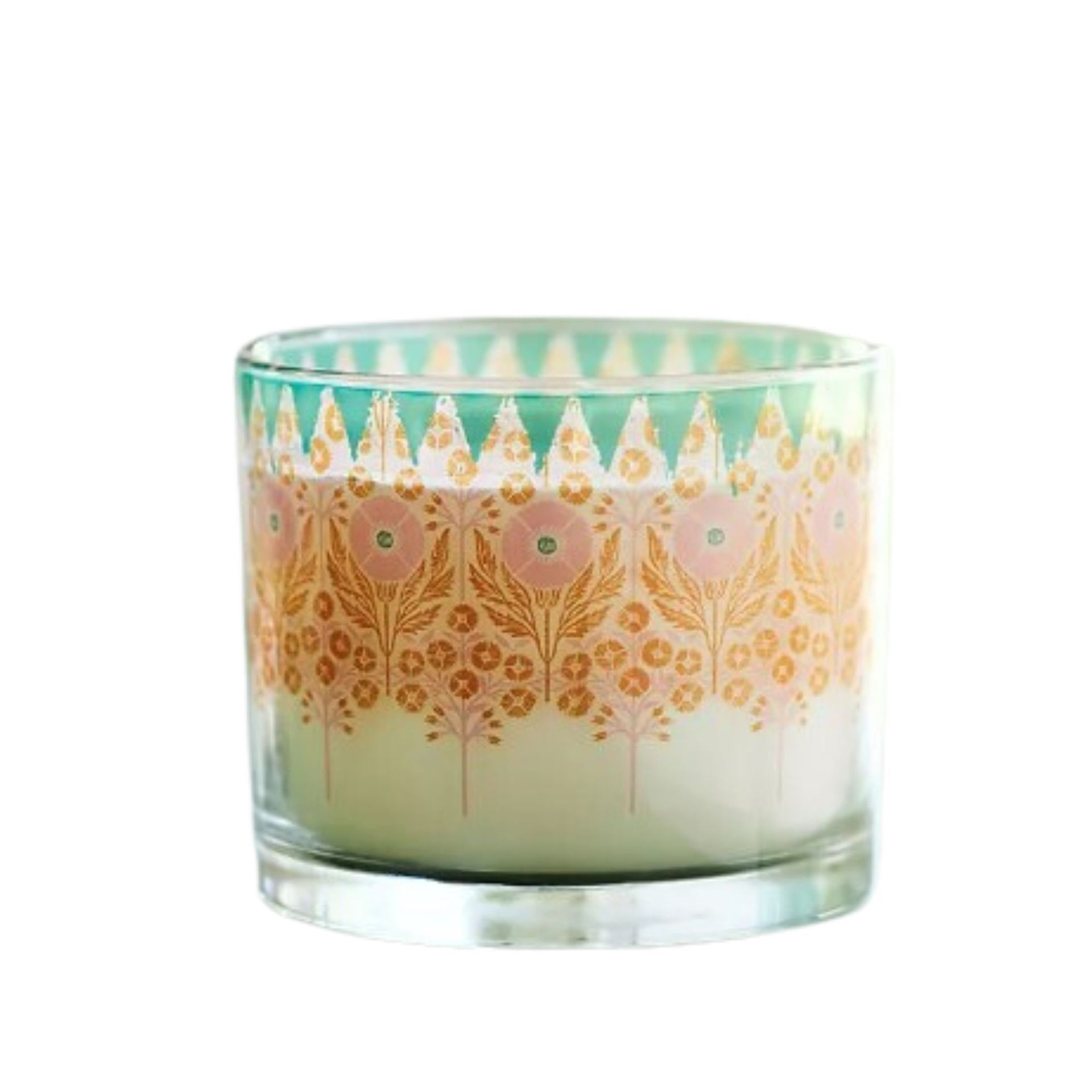 Lilin yang dihias dengan pola oranye, biru dan merah muda