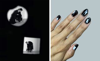 Two images of a boy picking up bookends in a black background, black nails painted with white geometric shapes