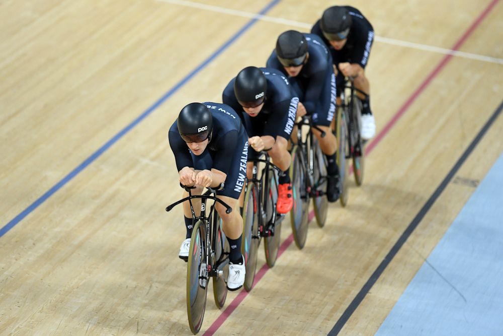 Pieter Bulling, Aaron Gate, Dylan Kennett and Regan Gough of New Zealand rdie in the Men's Team Pursuit