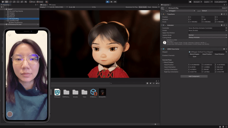 Unity; a face is tracked in a CG app