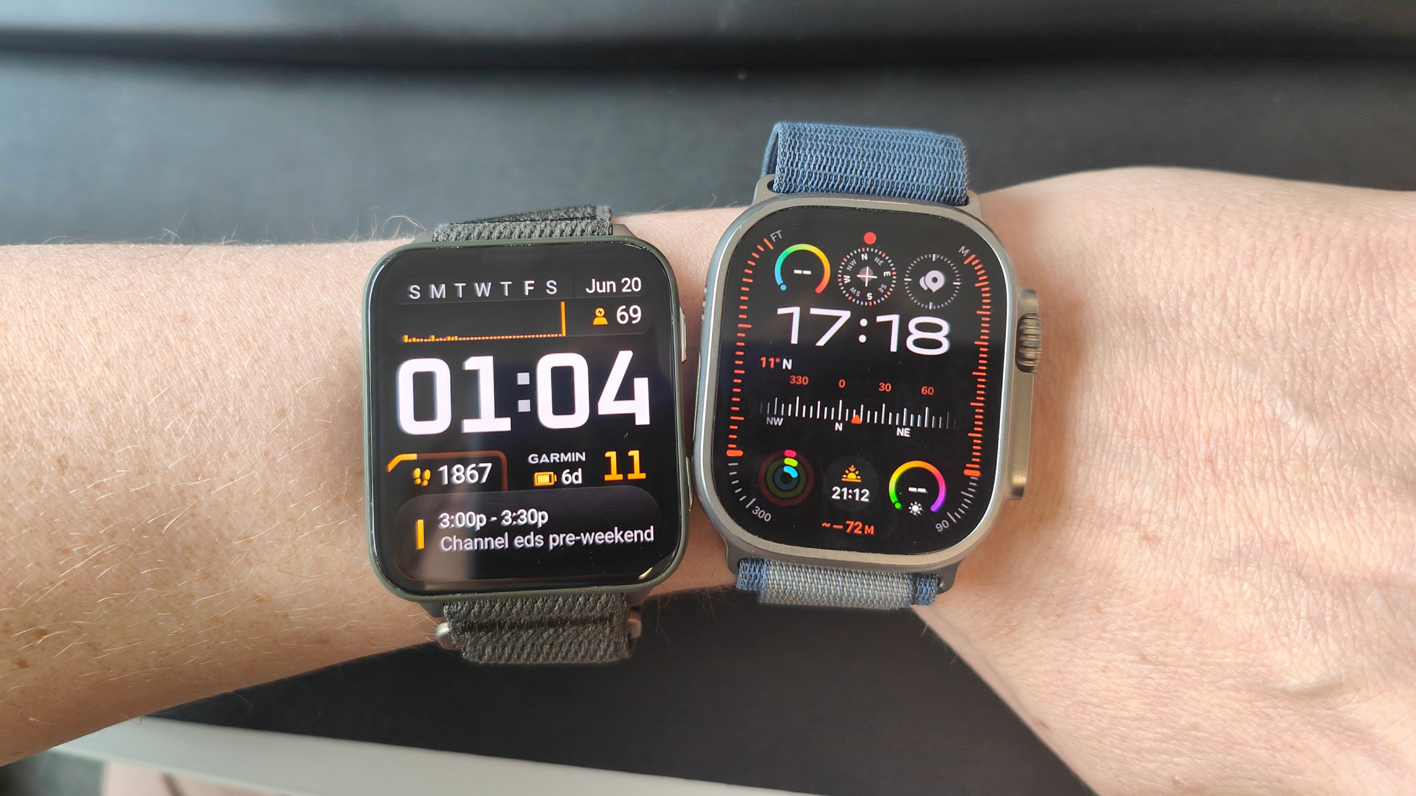 Garmin Venu X1 on wrist alongside Apple Watch Ultra 2