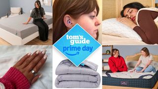 A collage of sleep products including mattresses, Oura Ring, Loop earplugs, Luna weighted blanket and Coop pillow