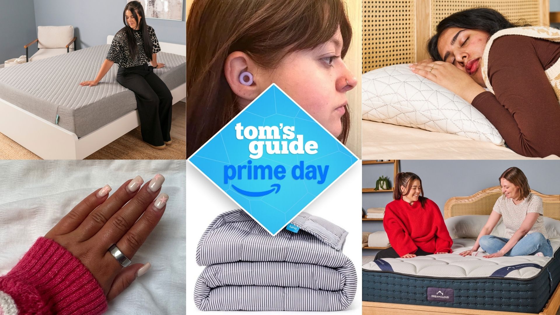 A collage of sleep products including mattresses, Oura Ring, Loop earplugs, Luna weighted blanket and Coop pillow