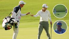 Hyo Joo Kim and her caddie walk on the green, with two circles showing her laughing