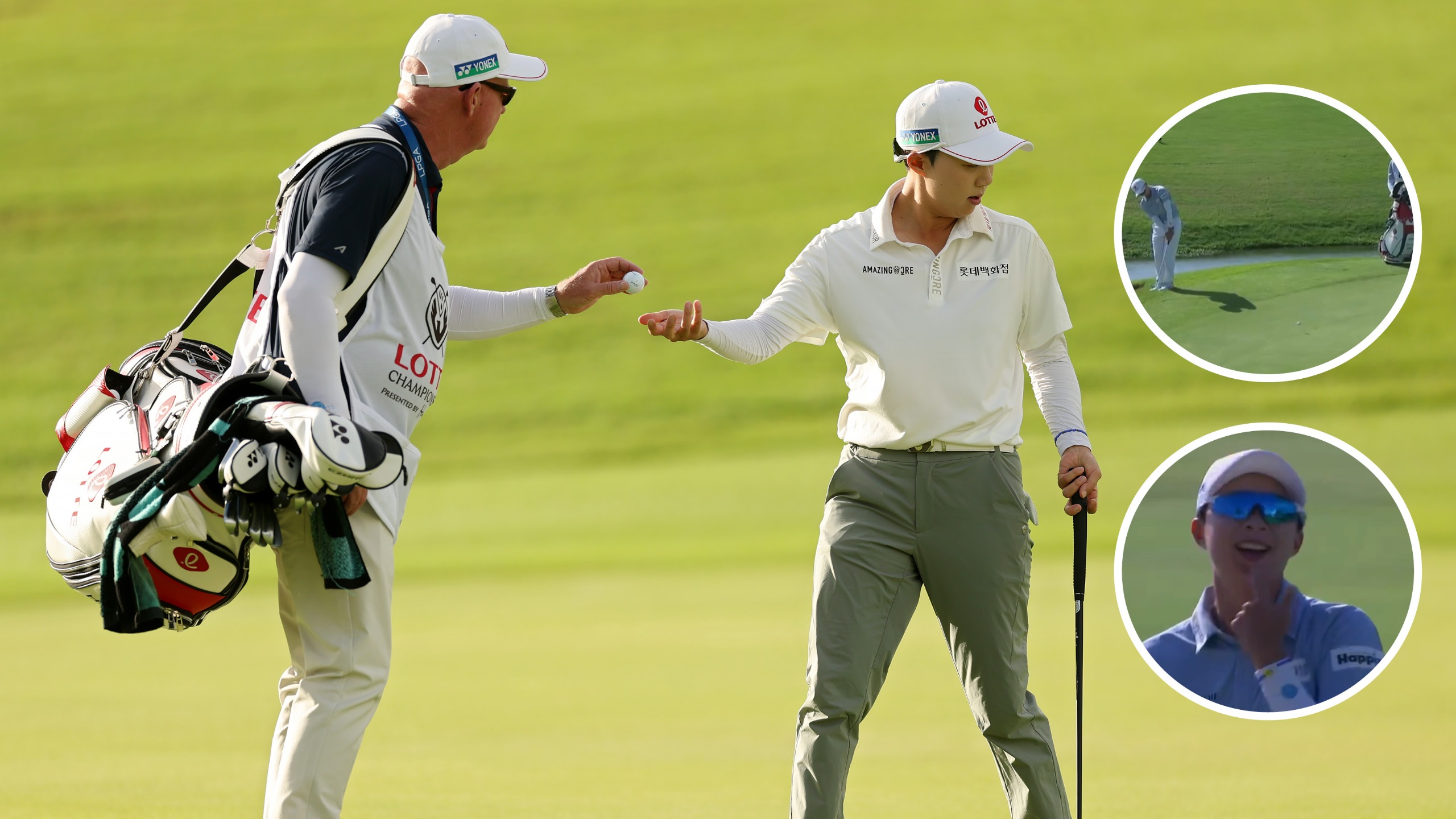Hyo Joo Kim and her caddie walk on the green, with two circles showing her laughing