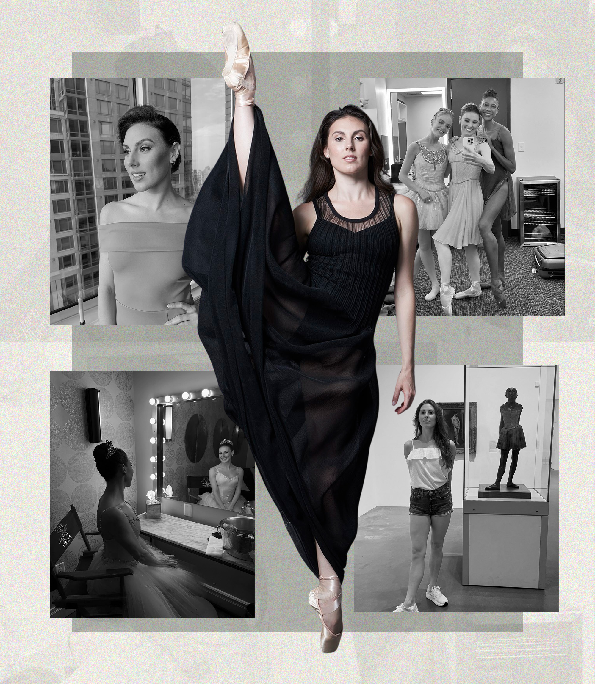 Tiler Peck in the studio, backstage at the Lincoln Center, posing in a museum, and photographed at a book release