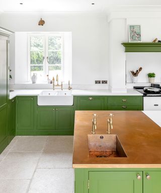 green kitchen Shaker cabinetry copper worktop