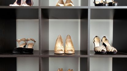 Shoes organised onto square shelves
