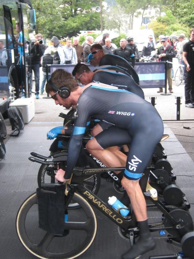 The Team Sky riders warm-up