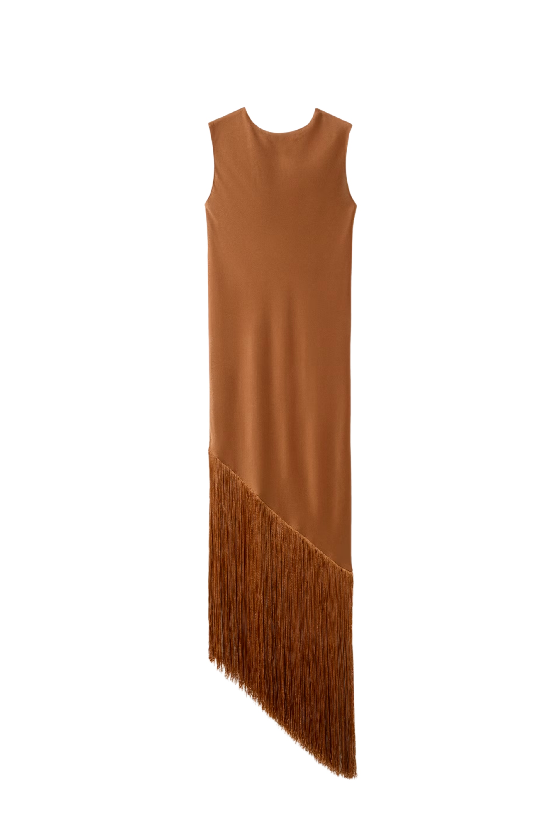 Brown Asymmetrical Satin Dress With Fringe hemline.