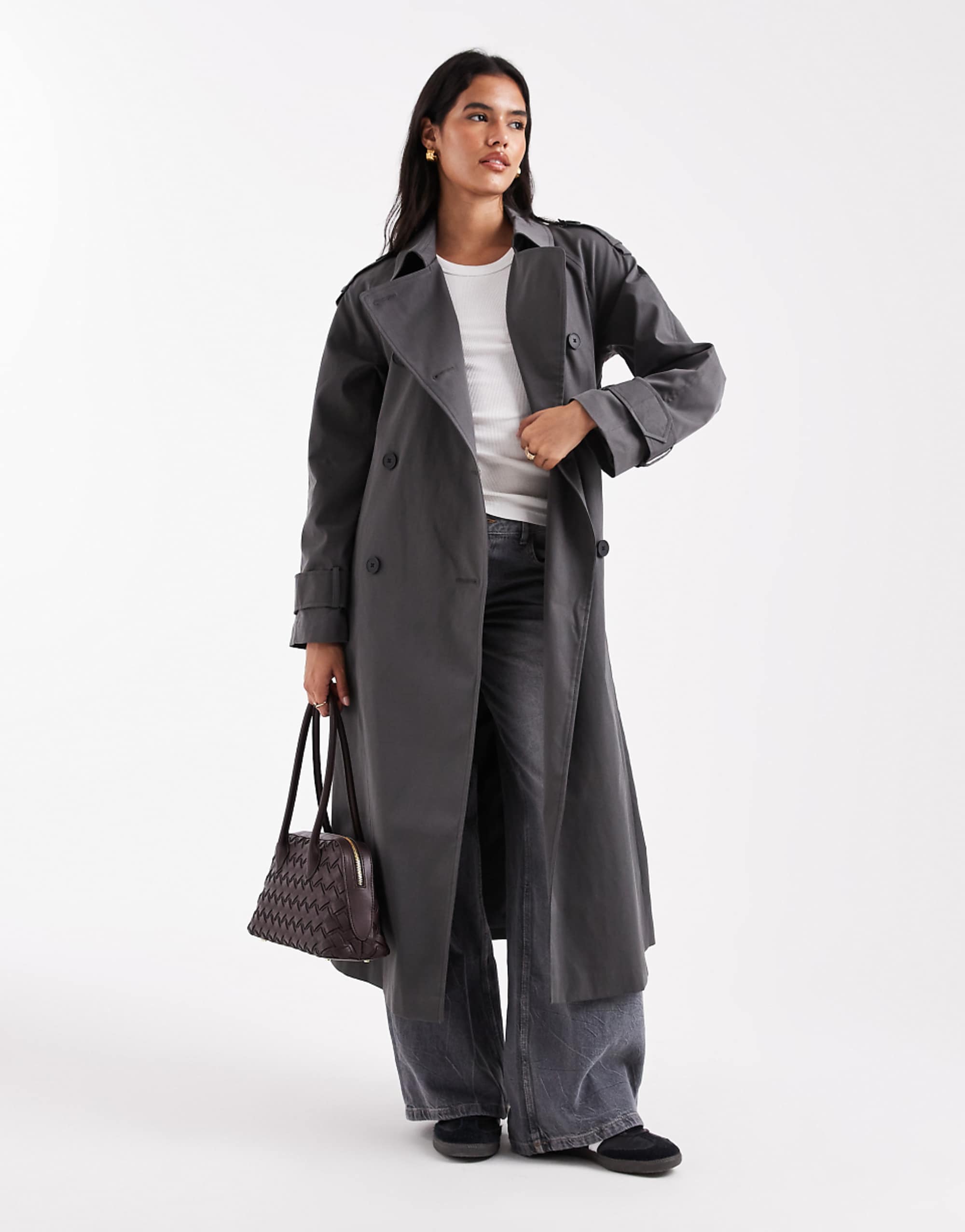 Asos Design Longline Trench Coat in Charcoal