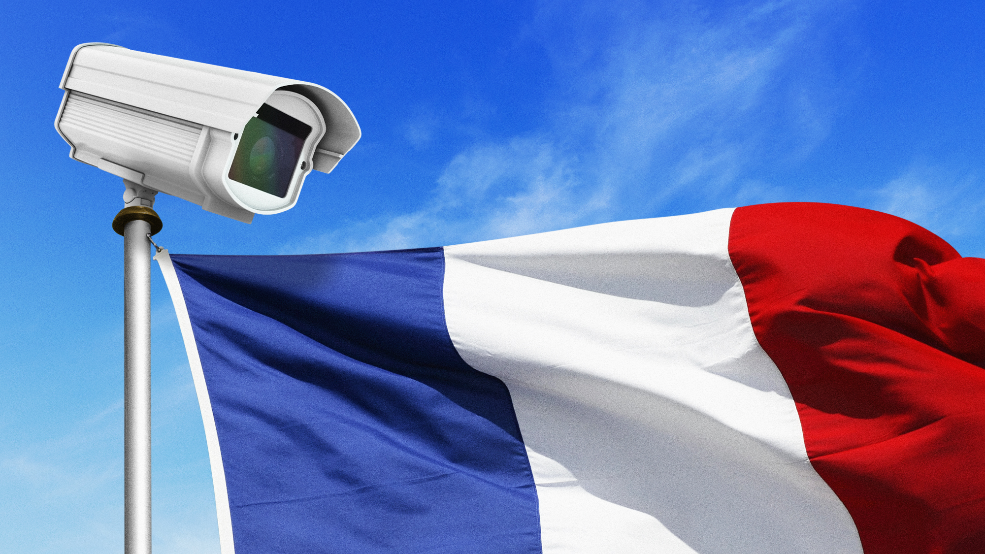 Illustration of the French flag with the flagpole topped by a CCTV camera