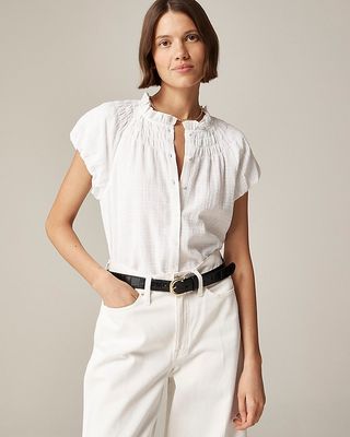 Smocked-Neck White Top in Textured Gauze