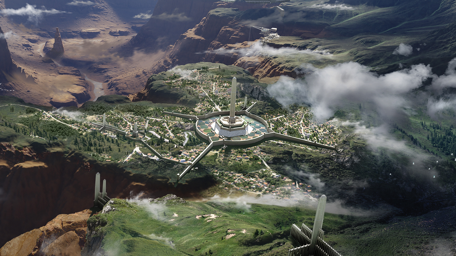 A 3D render of a fantasy landscape, a castle and canyon
