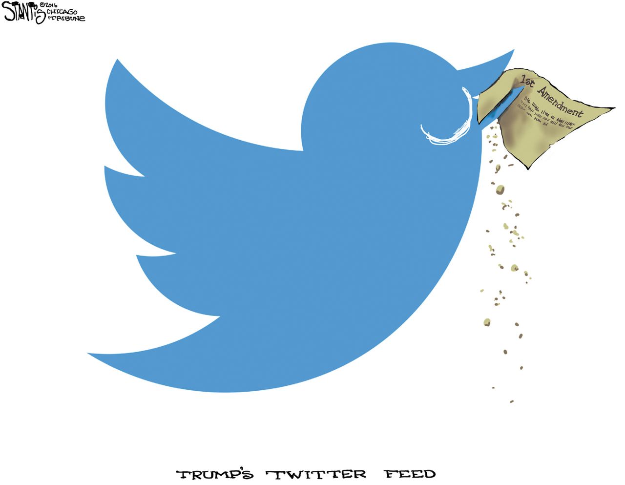 Political cartoon U.S. Donald Trump Twitter Constitution