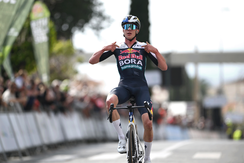 CUEVA DE NERJA, SPAIN - FEBRUARY 19: Maxim Van Gils of Belgium and Team Red Bull - BORA - hansgrohe celebrates at finish line as stage winner during the 71st Vuelta a Andalucia Ruta Ciclista Del Sol 2025, Stage 1 a 162.6km stage from Torrox to Cueva de Nerja 126m on February 19, 2025 in Cueva de Nerja, Spain. (Photo by Szymon Gruchalski/Getty Images)