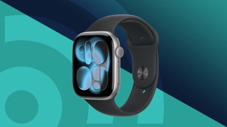 the Apple Watch Series 11 on top of a blue two toned background