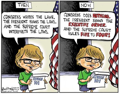 Political cartoon U.S. government civics executive judicial legislative Congress White House Supreme Court