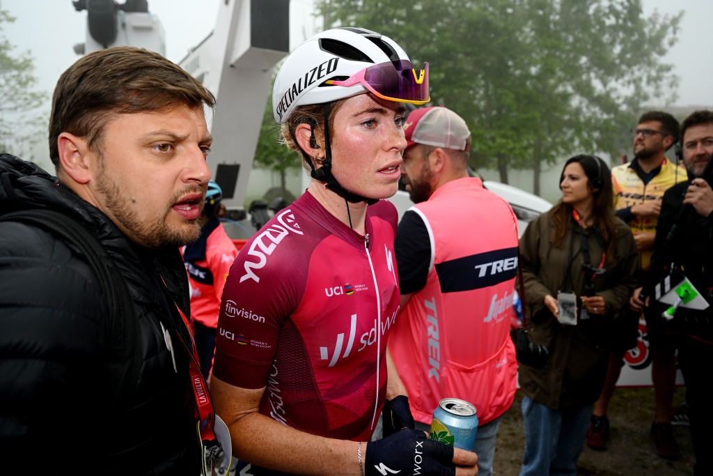 LAGOS DE COVADONGA SPAIN MAY 07 Stage winner Demi Vollering of The Netherlands and Team SD Worx Pink UCI Womens WorldTour Leader Jersey reacts after the 9th La Vuelta Femenina 2023 Stage 7 a 937km stage from Pola de Siero to Lagos de Covadonga 1079m UCIWWT on May 07 2023 in Lagos de Covadonga Spain Photo by Dario BelingheriGetty Images