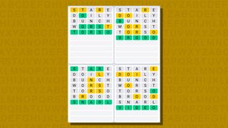 Quordle daily sequence answers for game 803 on a yellow background