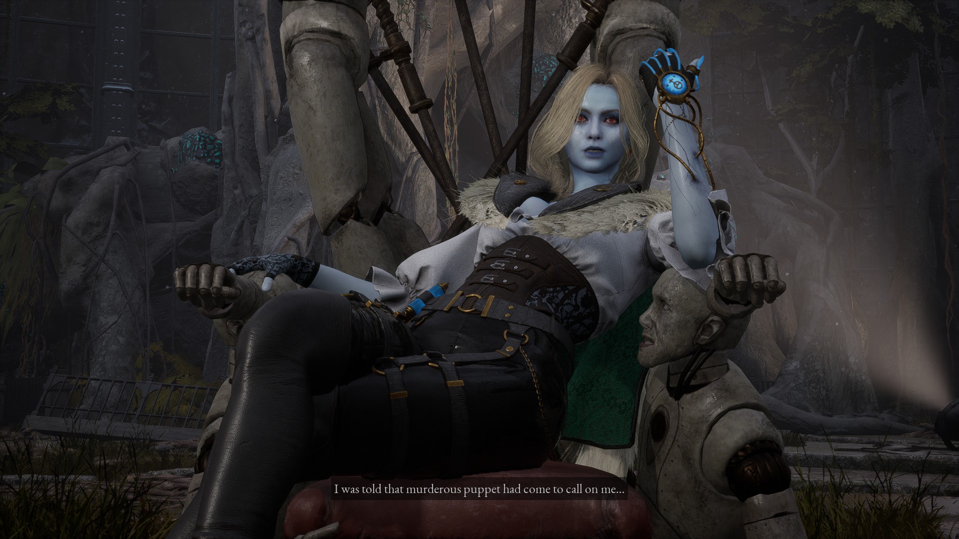 A boss from Lies of P Overture rests on a throne of puppets.