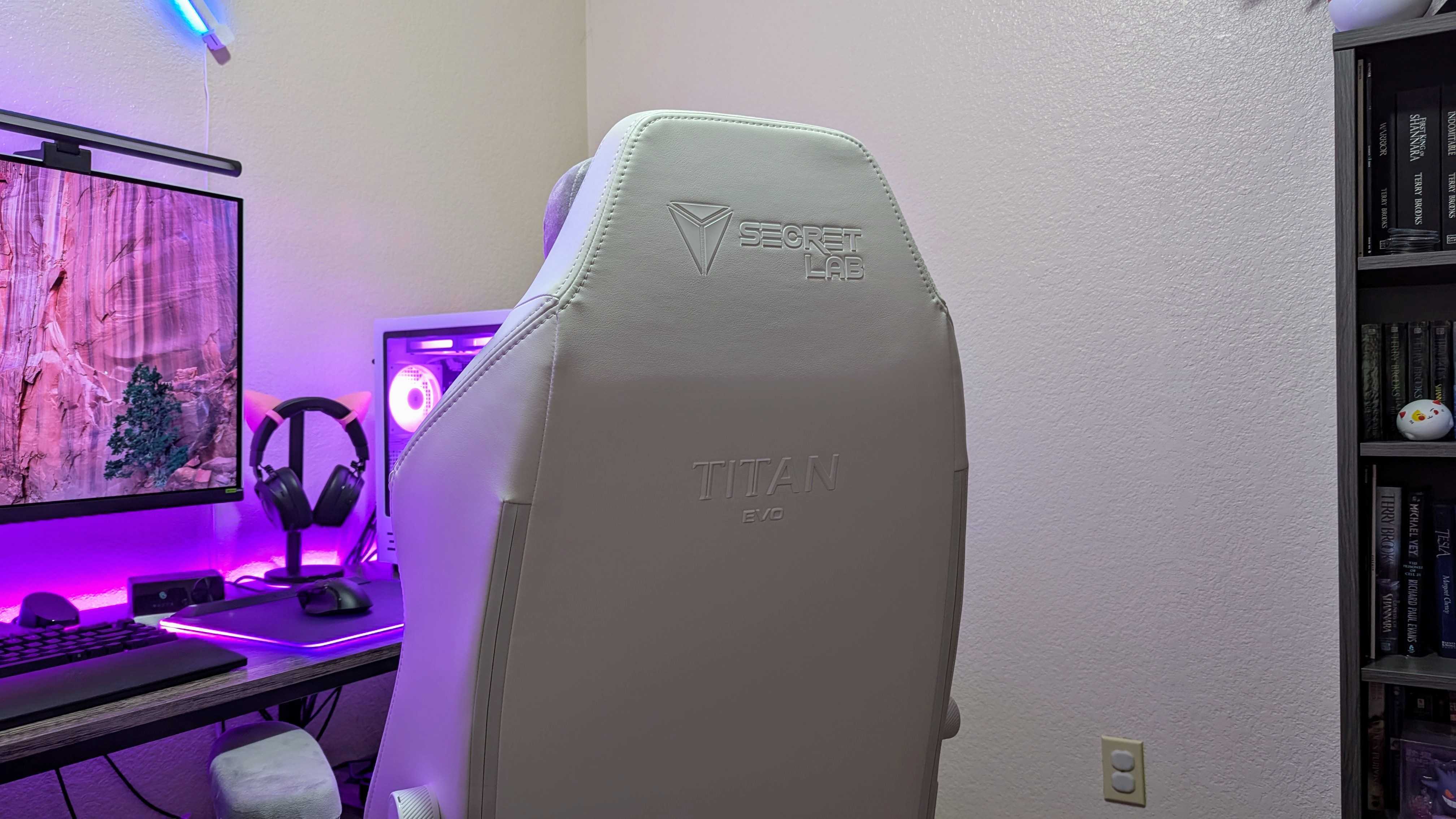 The Secretlab TITAN Evo NanoGen Edition's backrest seen from the rear, showing the Secretlab and TITAN Evo logos.