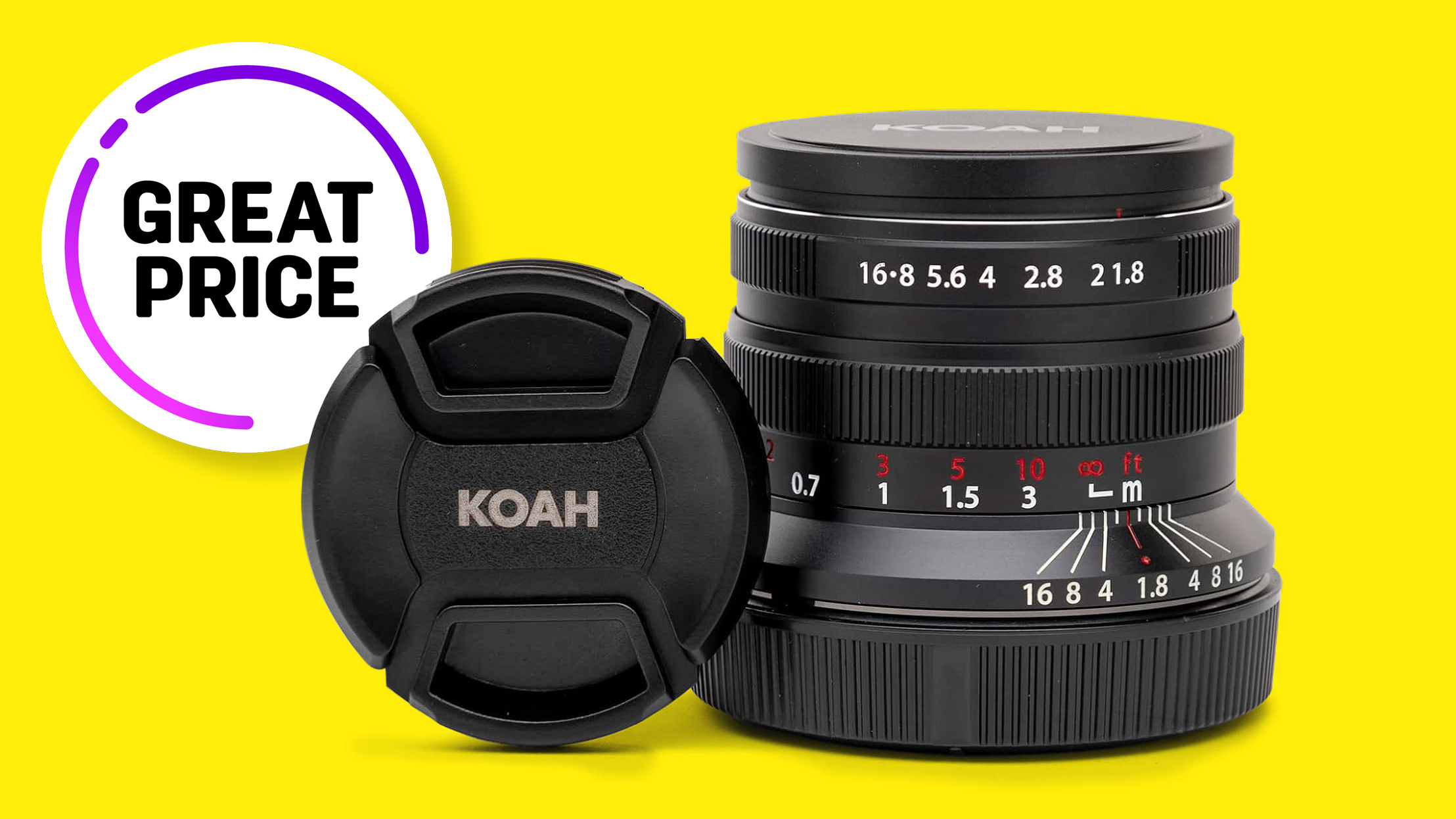 Koah Artisans Series 55mm f/1.8 lens against a yellow background with the text &quot;Great price&quot;