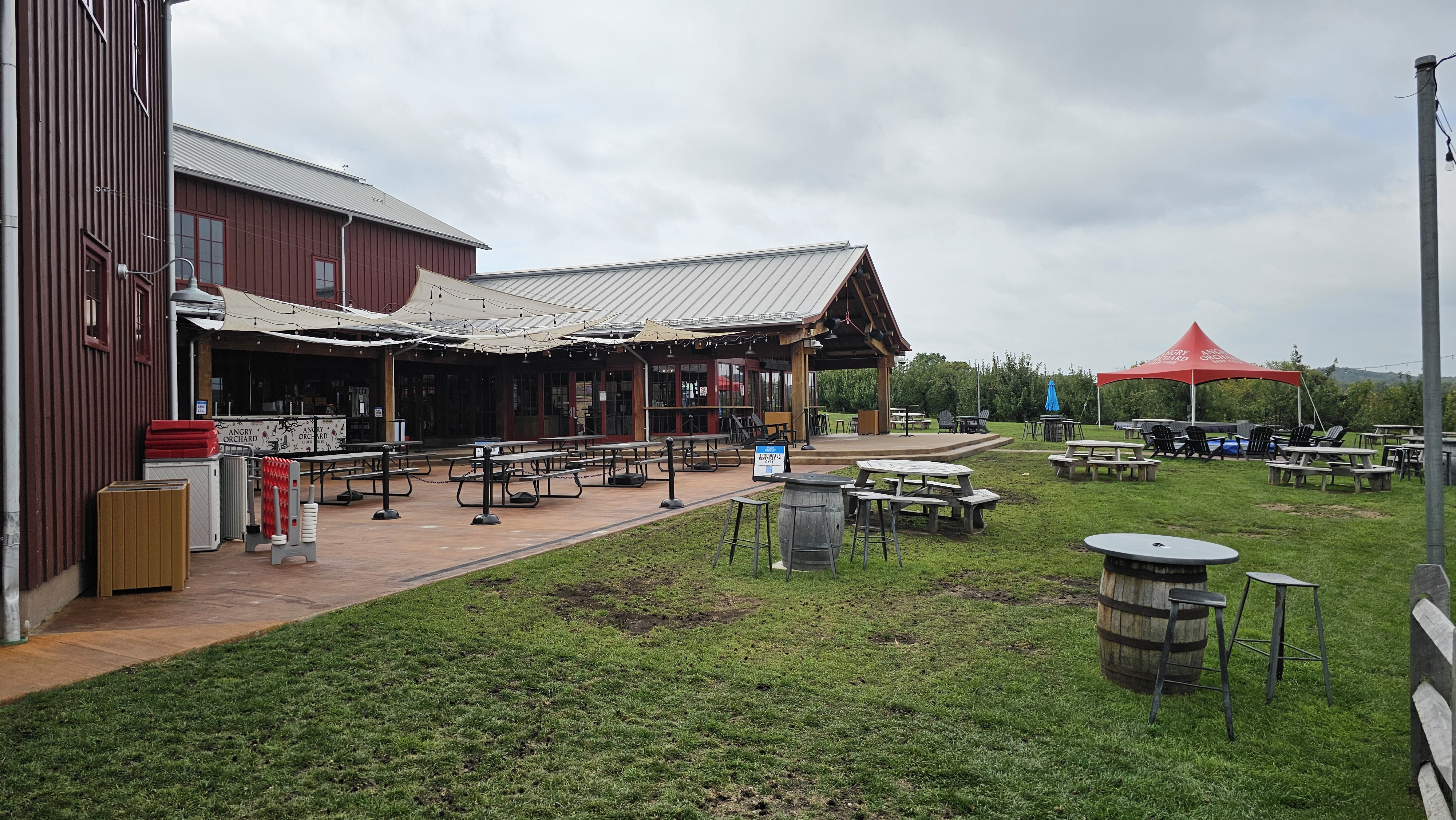 The interior and exterior of the Angry Orchard venue.
