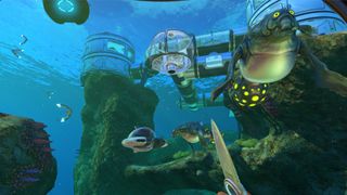 A screenshot of a player near an underwater base during Subnautica, one of the best single-player games ever made.