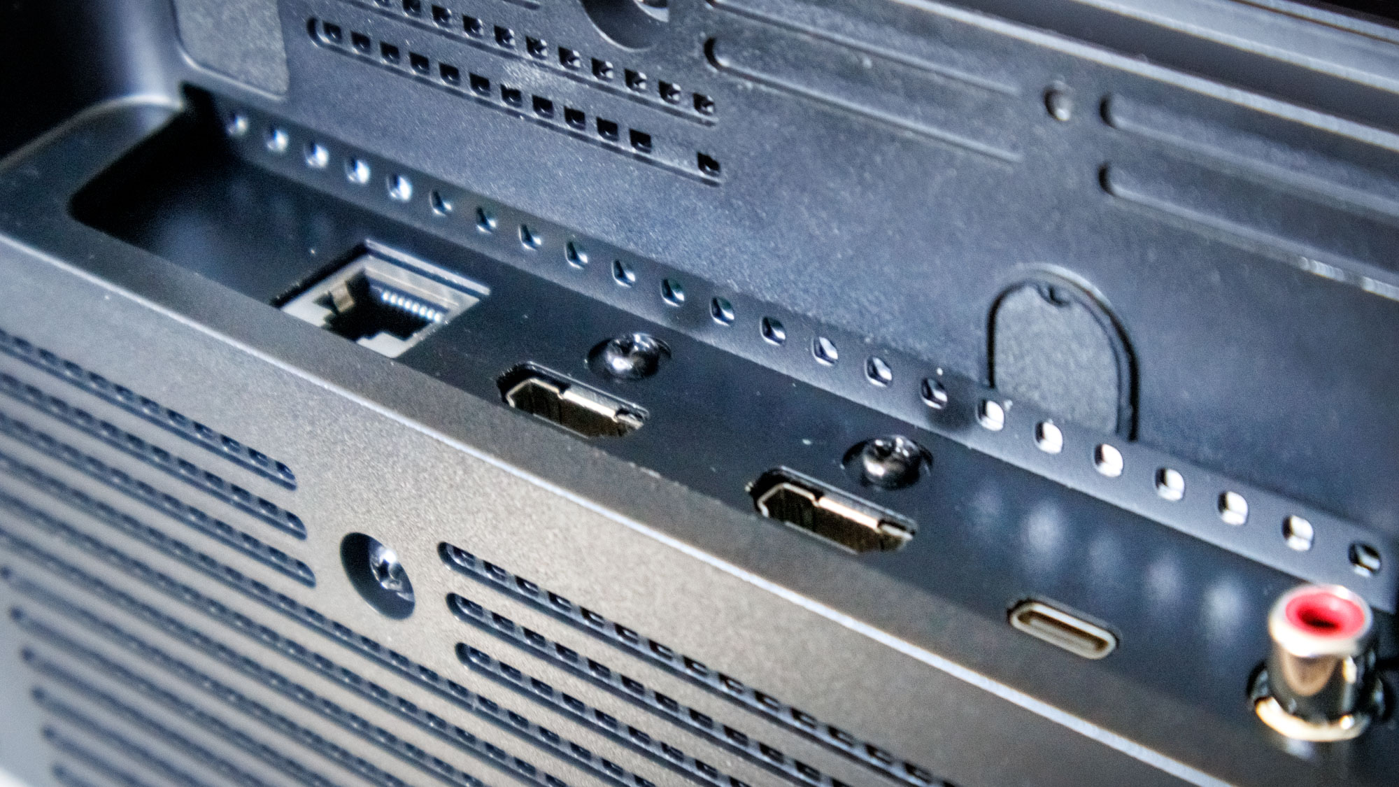The ports on a Marshall Heston 120 soundbar on a TV stand.
